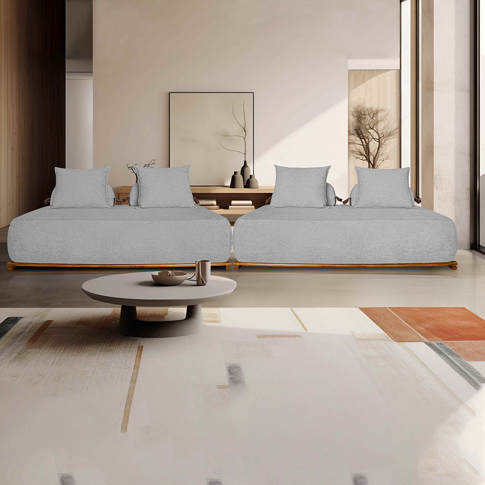 Sofá Modulado 6 Lugares com Almofadas Soltas Pés Madeira Maciça 400cm Homer Bouclê Cinza G63 - Gran Belo