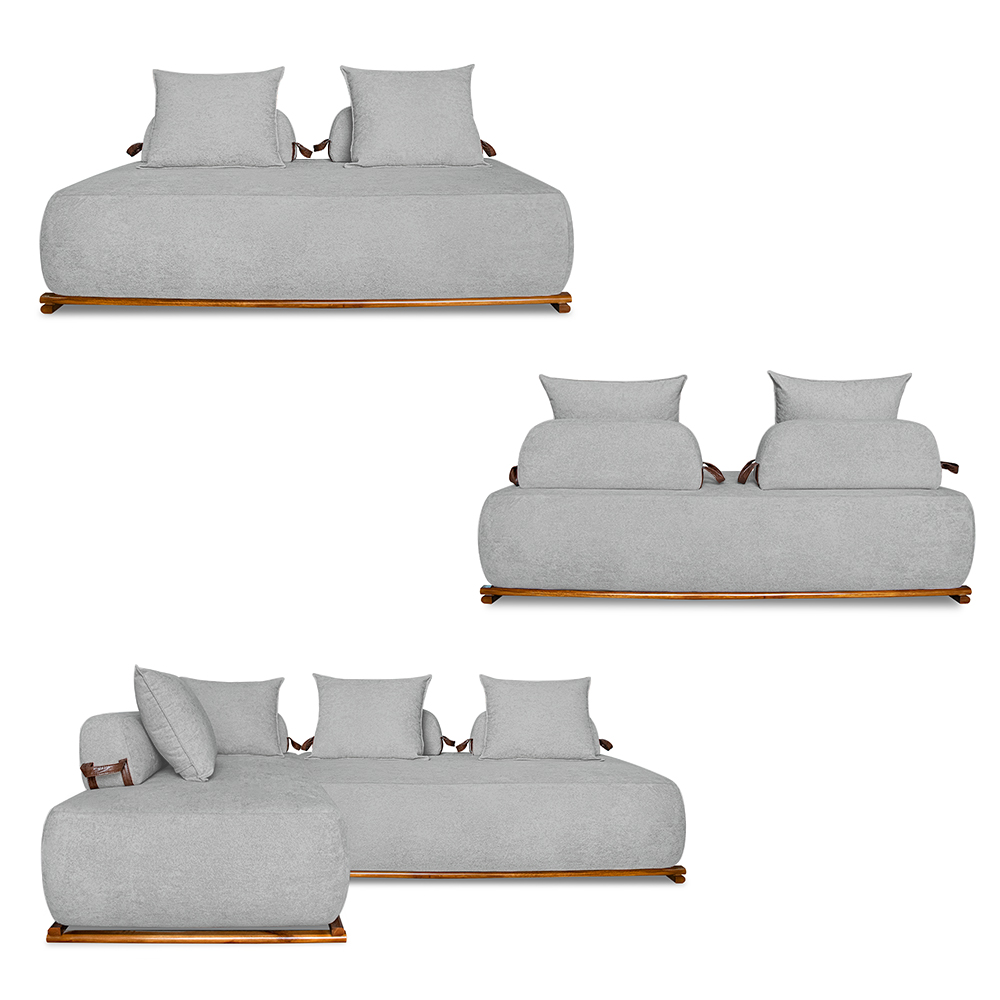 Sofá Modulado 6 Lugares com Almofadas Soltas Pés Madeira Maciça 400cm Homer Bouclê Cinza G63 - Gran Belo