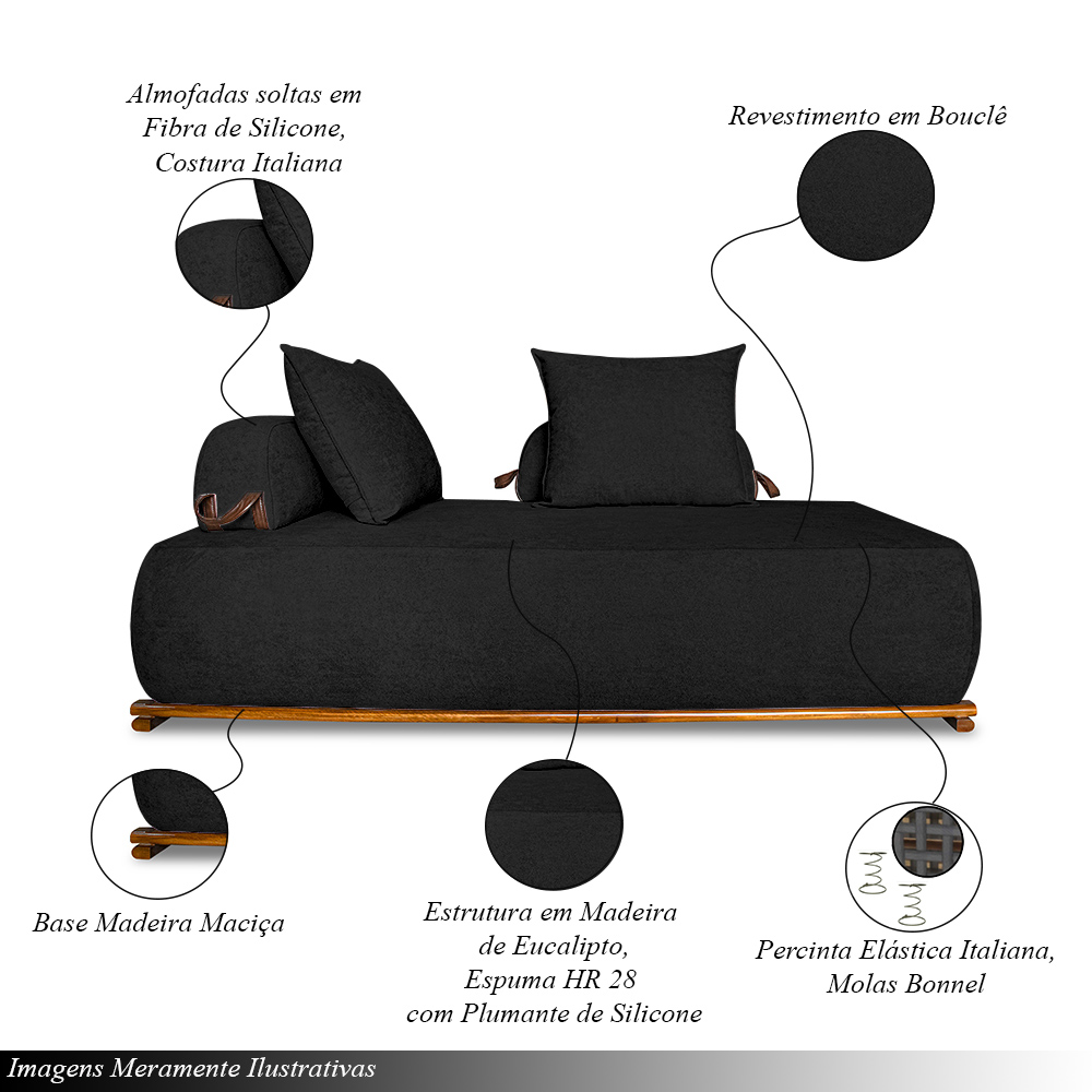 Sofá Modulado 6 Lugares com Almofadas Soltas Pés Madeira Maciça 440cm Homer Bouclê Preto G63 - Gran Belo
