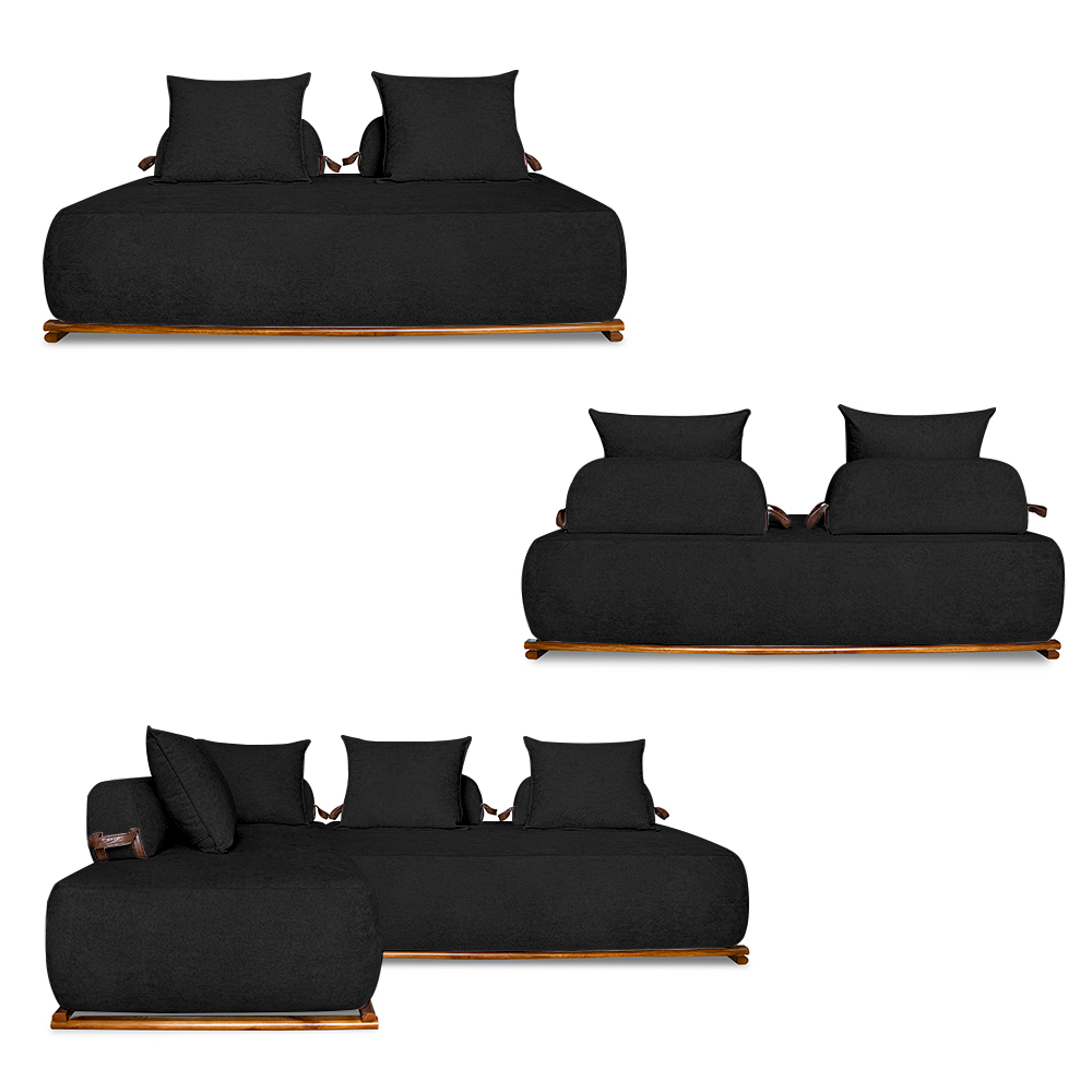 Sofá Modulado 6 Lugares com Almofadas Soltas Pés Madeira Maciça 440cm Homer Bouclê Preto G63 - Gran Belo