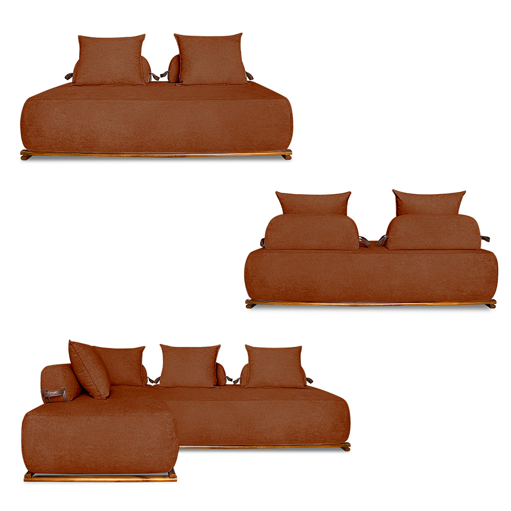 Sofá Modulado 6 Lugares com Almofadas Soltas Pés Madeira Maciça 440cm Homer Bouclê Terracota G63 - Gran Belo