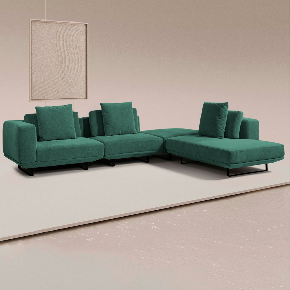 Sofá Modulado Sala de Estar Carmen 652cm Pés de Ferro Linho Rústico Azul Aquamarine G92 - Gran Belo