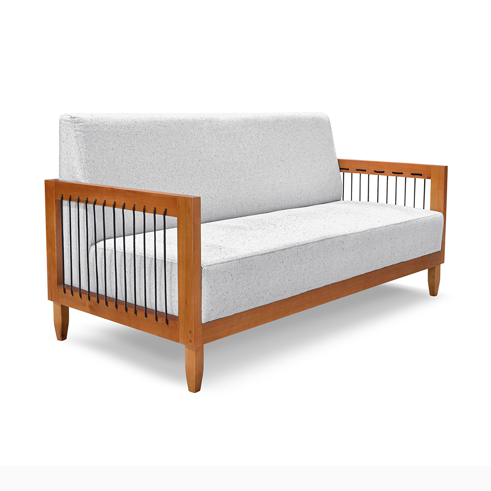 Sofá Namoradeira 2 Lugares Sala de Estar Pés Madeira Maciça Corda Náutica Preta 160cm Manila Linho Cinza Rústico G63 - Gran Belo