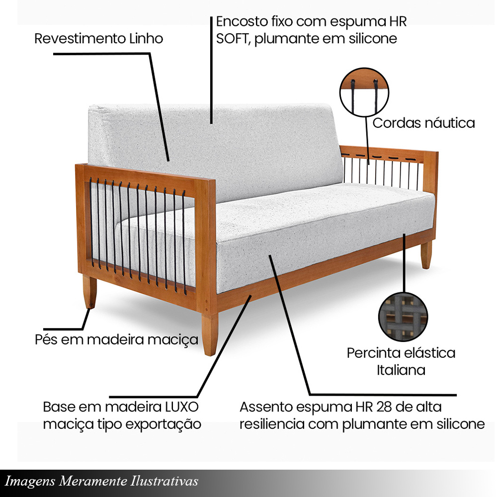 Sofá Namoradeira 2 Lugares Sala de Estar Pés Madeira Maciça Corda Náutica Preta 160cm Manila Linho Cinza Rústico G63 - Gran Belo