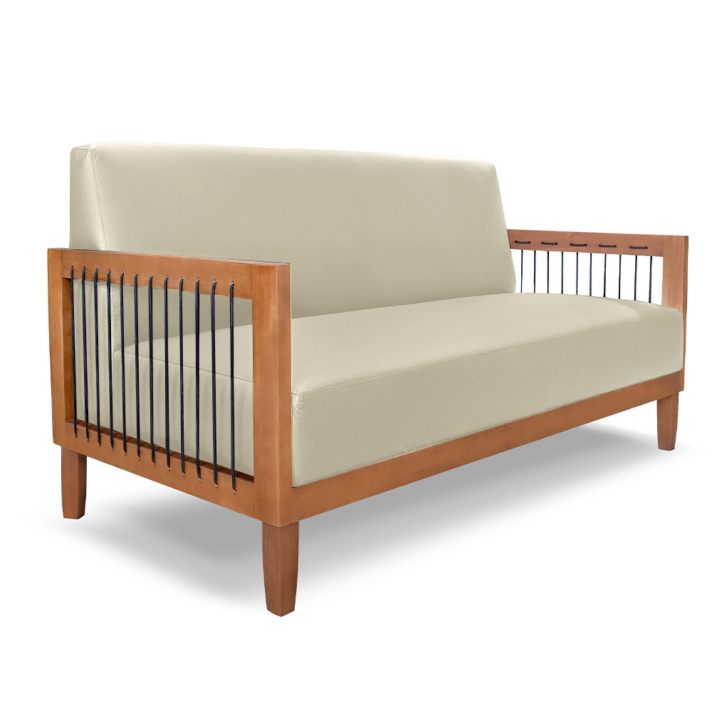 Sofá Namoradeira 2 Lugares Sala de Estar Pés Madeira Maciça Corda Náutica Preta 160cm Manila PU Bege G63 - Gran Belo