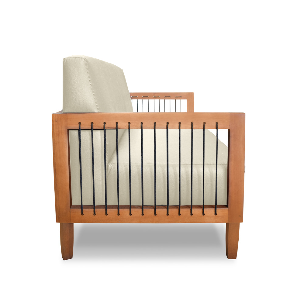 Sofá Namoradeira 2 Lugares Sala de Estar Pés Madeira Maciça Corda Náutica Preta 160cm Manila PU Bege G63 - Gran Belo