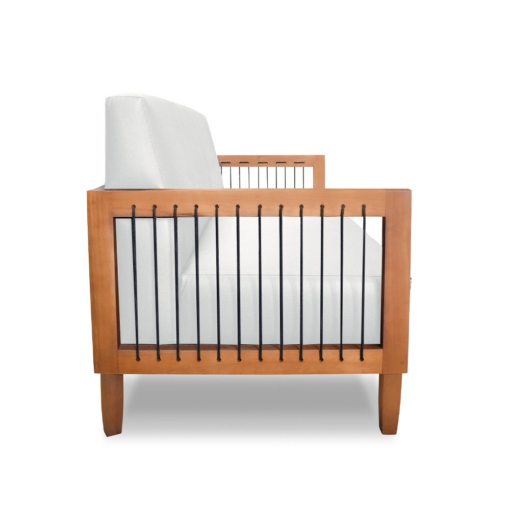 Sofá Namoradeira 2 Lugares Sala de Estar Pés Madeira Maciça Corda Náutica Preta 160cm Manila PU Branco G63 - Gran Belo