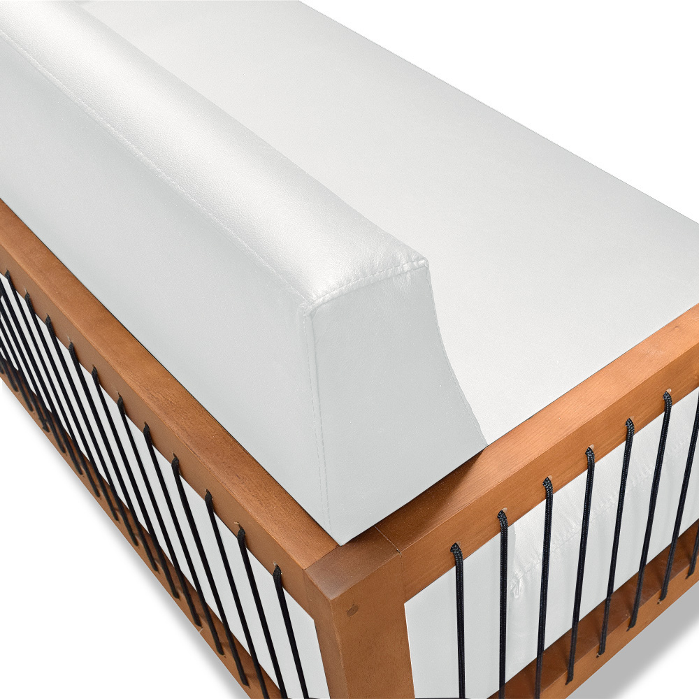 Sofá Namoradeira 2 Lugares Sala de Estar Pés Madeira Maciça Corda Náutica Preta 160cm Manila PU Branco G63 - Gran Belo