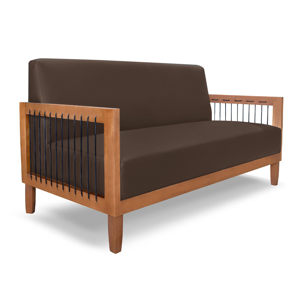 Sofá Namoradeira 2 Lugares Sala de Estar Pés Madeira Maciça Corda Náutica Preta 160cm Manila PU Marrom G63 - Gran Belo