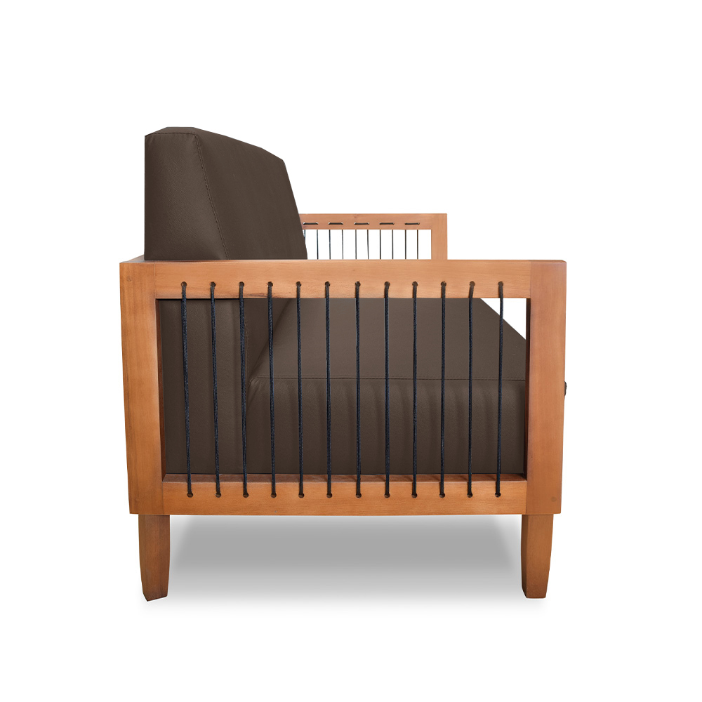 Sofá Namoradeira 2 Lugares Sala de Estar Pés Madeira Maciça Corda Náutica Preta 160cm Manila PU Marrom G63 - Gran Belo