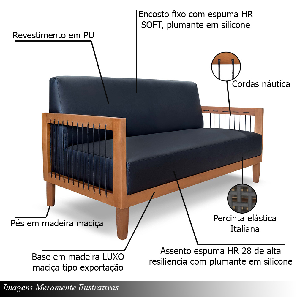 Sofá Namoradeira 2 Lugares Sala de Estar Pés Madeira Maciça Corda Náutica Preta 160cm Manila PU Preto G63 - Gran Belo