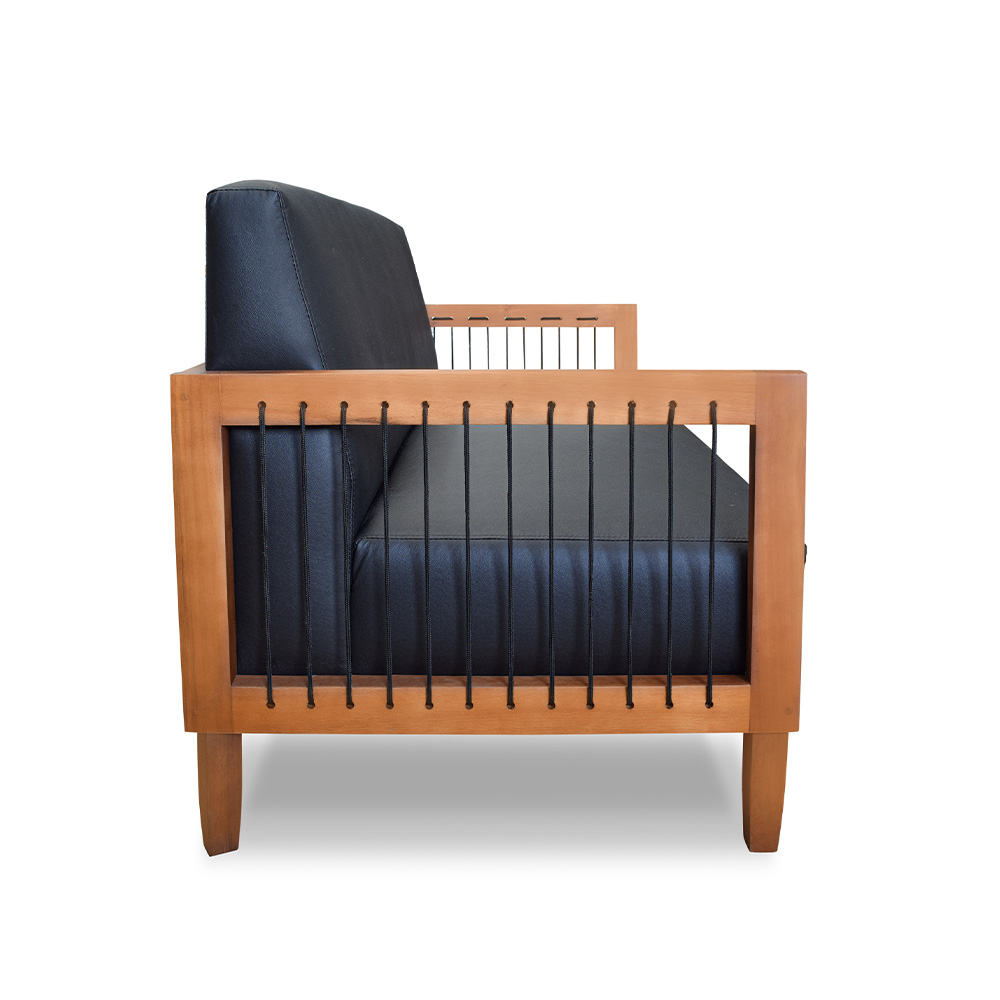 Sofá Namoradeira 2 Lugares Sala de Estar Pés Madeira Maciça Corda Náutica Preta 160cm Manila PU Preto G63 - Gran Belo