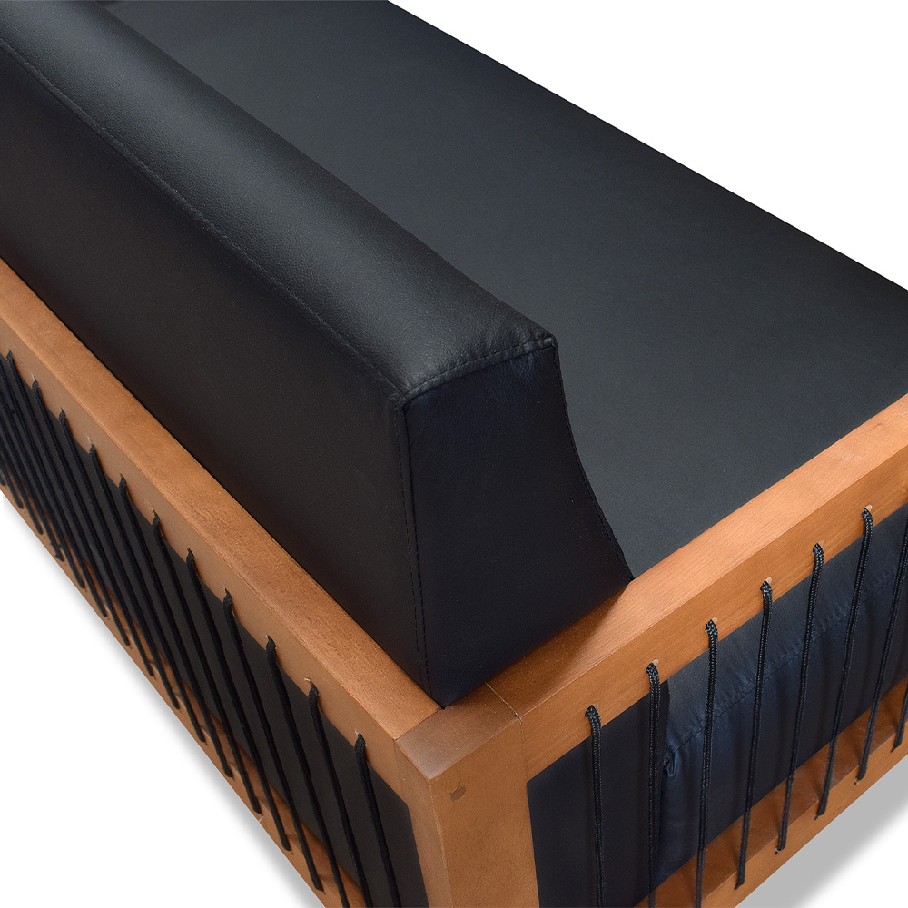 Sofá Namoradeira 2 Lugares Sala de Estar Pés Madeira Maciça Corda Náutica Preta 160cm Manila PU Preto G63 - Gran Belo