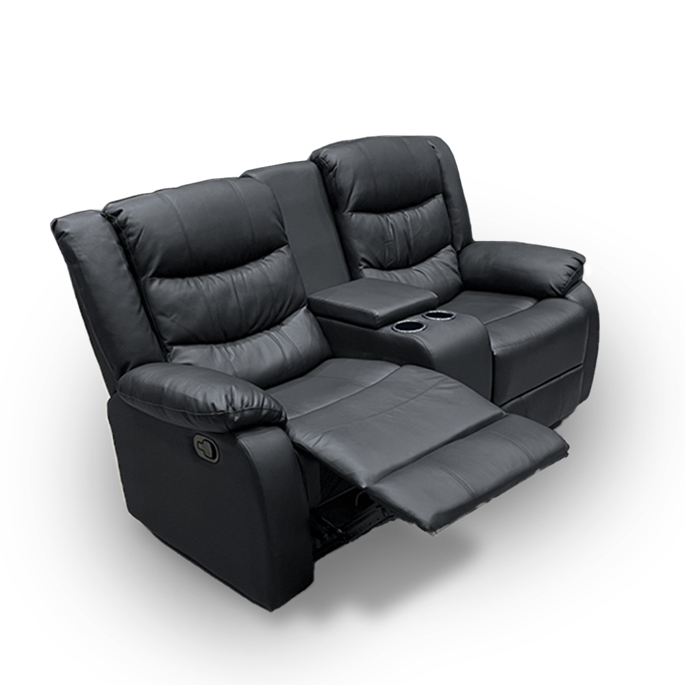 Sofá Reclinável Sala de Cinema 2 Lugares Massagem Aquecimento Hollywood Manual Porta Copos Baú Central PU Preto G94 - Gran Belo
