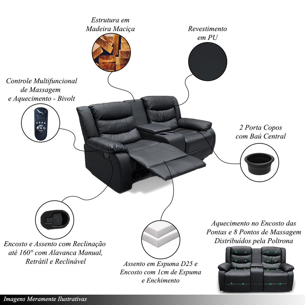 Sofá Reclinável Sala de Cinema 2 Lugares Massagem Aquecimento Hollywood Manual Porta Copos Baú Central PU Preto G94 - Gran Belo