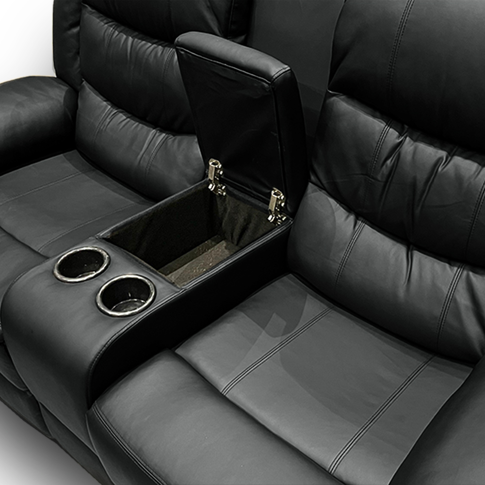 Sofá Reclinável Sala de Cinema 2 Lugares Massagem Aquecimento Hollywood Manual Porta Copos Baú Central PU Preto G94 - Gran Belo