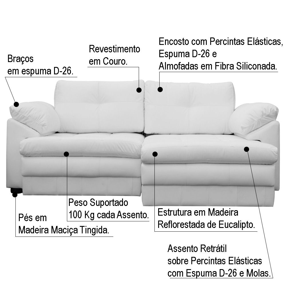 Sofá Retrátil 2 Lugares Bipartido Sala de Estar Piece 175cm Couro Branco G58 - Gran Belo