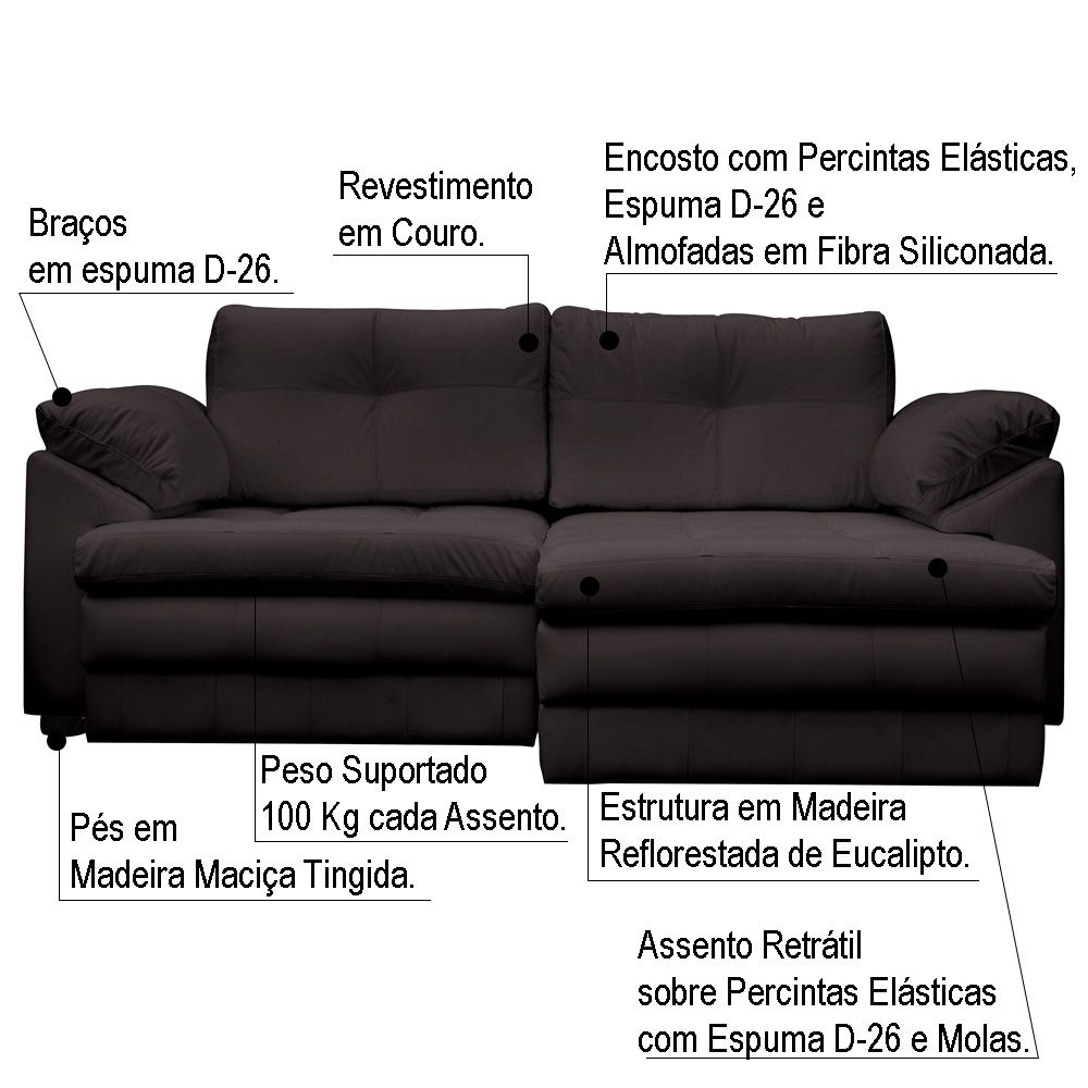 Sofá Retrátil 2 Lugares Bipartido Sala de Estar Piece 175cm Couro Marrom G58 - Gran Belo