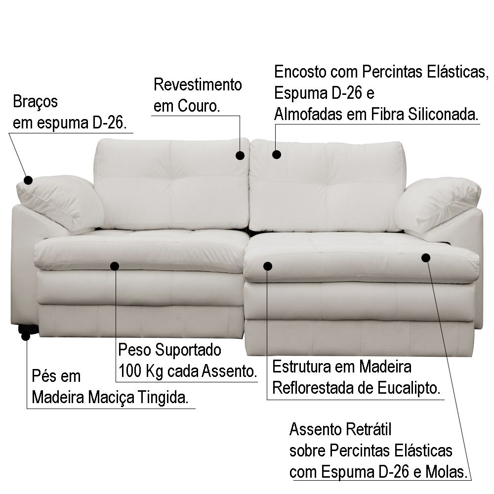 Sofá Retrátil 2 Lugares Bipartido Sala de Estar Piece 175cm Couro Off White G58 - Gran Belo