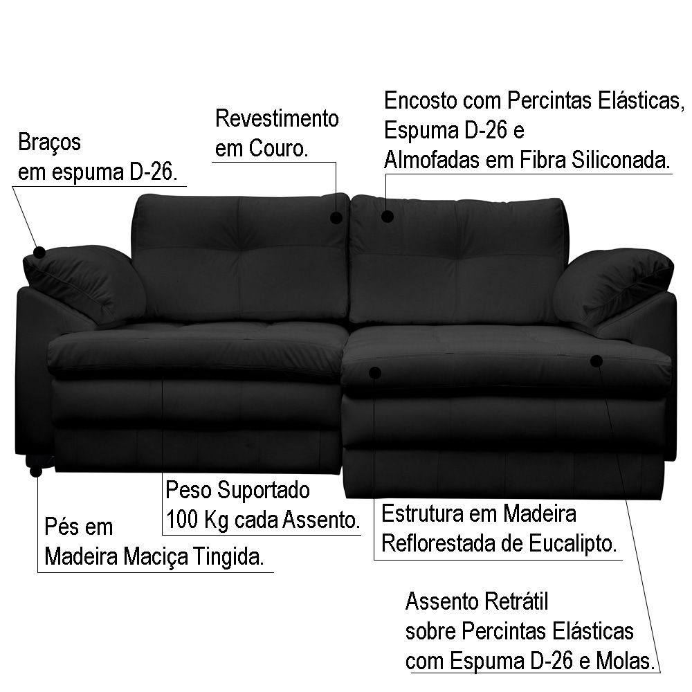 Sofá Retrátil 2 Lugares Bipartido Sala de Estar Piece 175cm Couro Preto G58 - Gran Belo