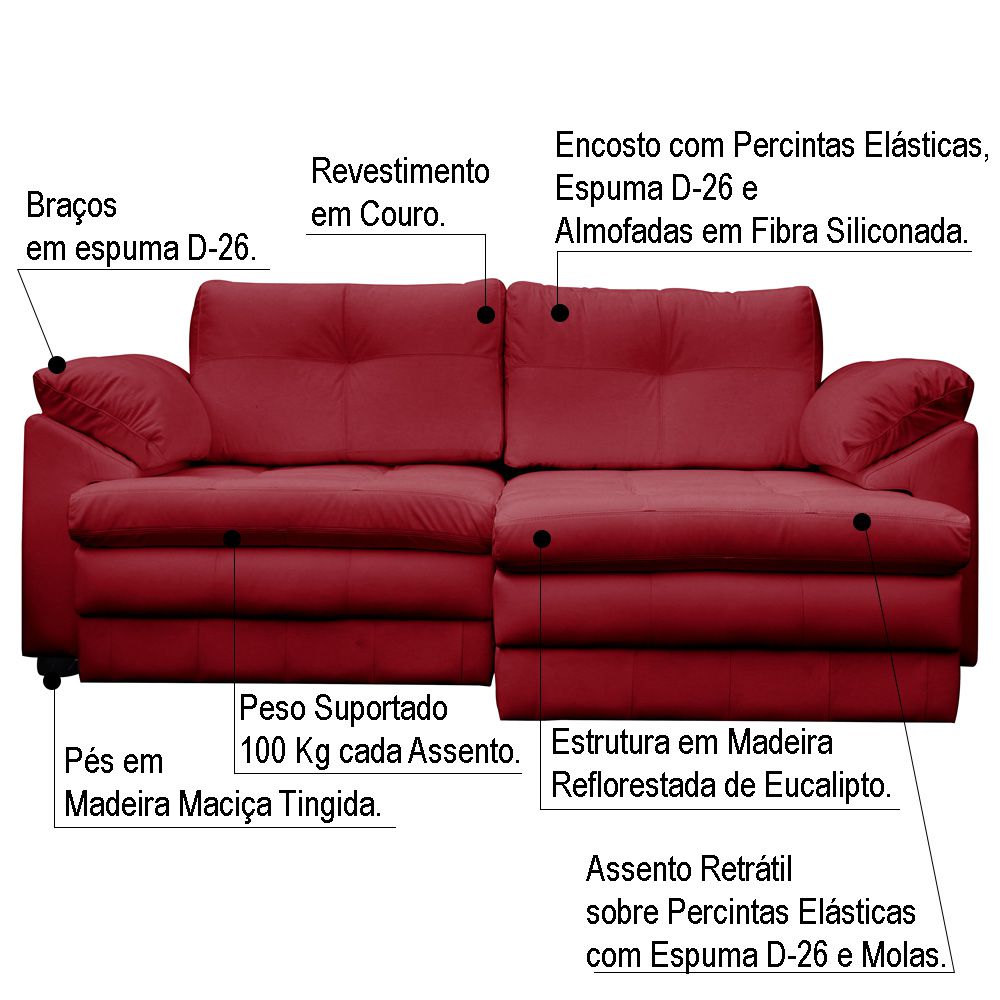 Sofá Retrátil 2 Lugares Bipartido Sala de Estar Piece 175cm Couro Vermelho G58 - Gran Belo