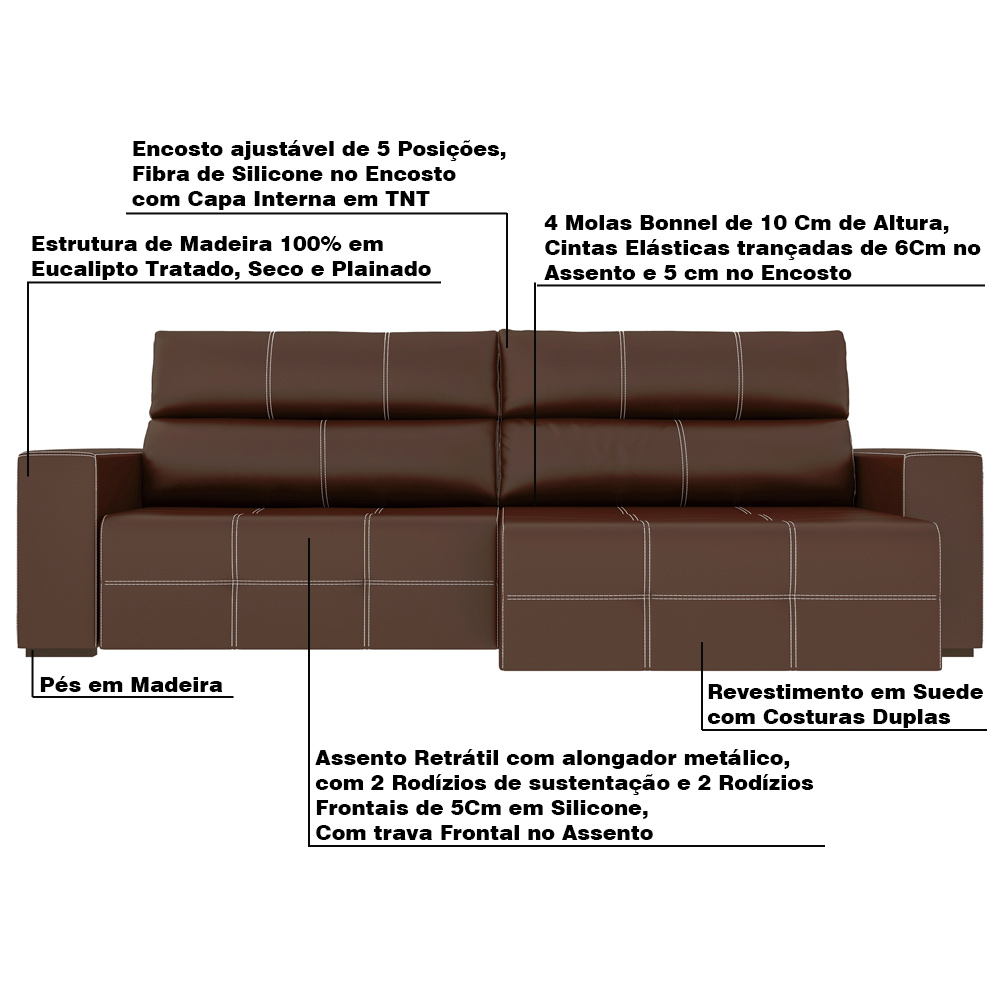 Sofá Retrátil 204cm Nero Couro Marrom G52 - Gran Belo