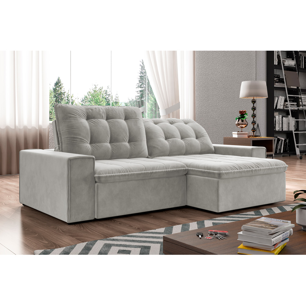 Sofá Retrátil 214 cm Sala de Estar Gabi Suede Cinza G52 - Gran Belo