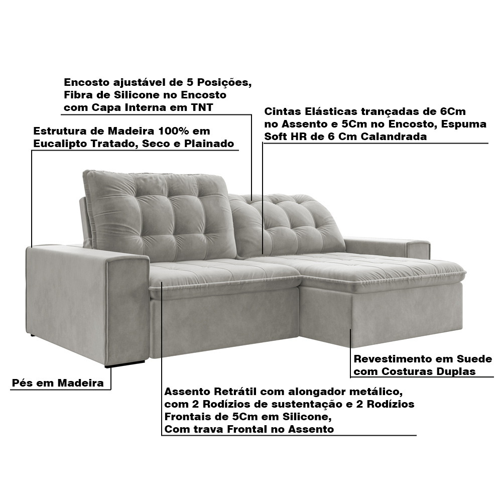 Sofá Retrátil 214 cm Sala de Estar Gabi Suede Cinza G52 - Gran Belo