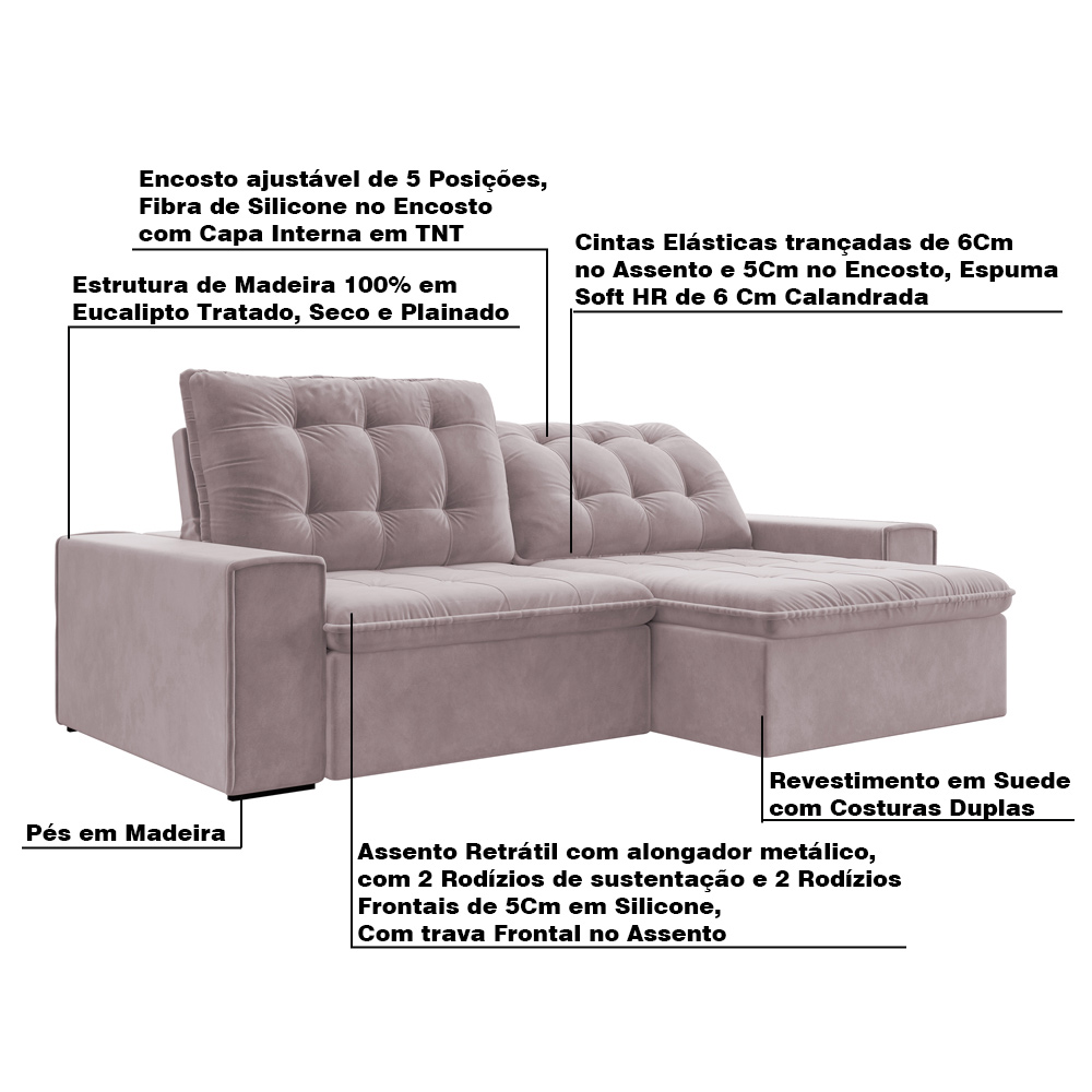 Sofá Retrátil 214 cm Sala de Estar Gabi Suede Rosê G52 - Gran Belo