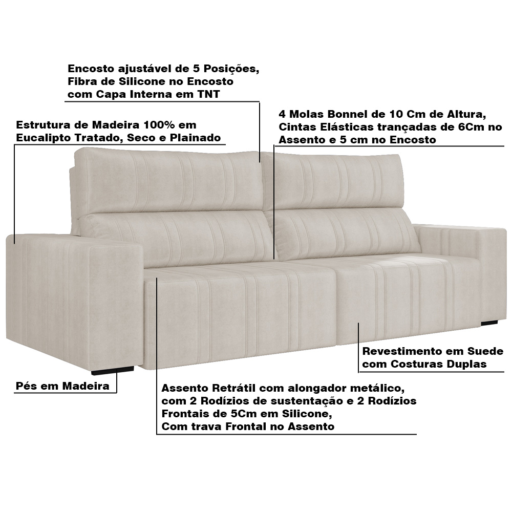 Sofá Retrátil 214 cm Sala de Estar Leonel Suede Bege G52 - Gran Belo
