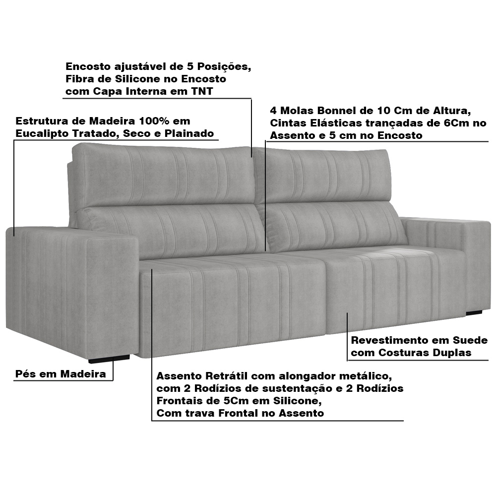 Sofá Retrátil 214 cm Sala de Estar Leonel Suede Cinza G52 - Gran Belo