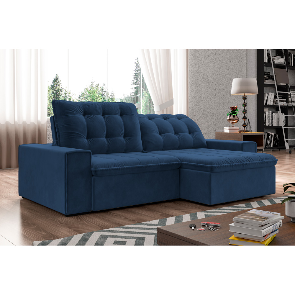 Sofá Retrátil 254 cm Sala de Estar Gabi Suede Azul Marinho G52 - Gran Belo