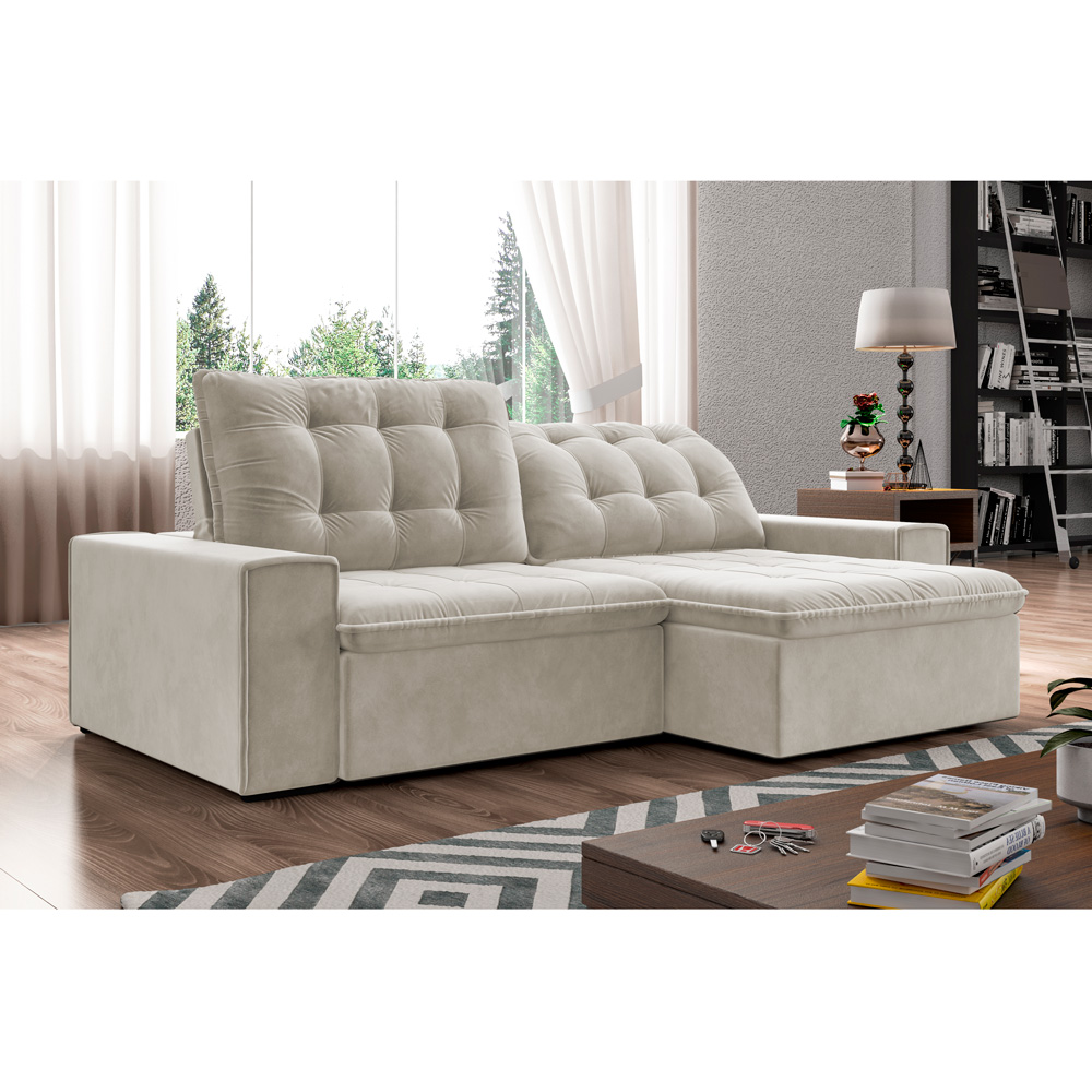Sofá Retrátil 254 cm Sala de Estar Gabi Suede Bege G52 - Gran Belo