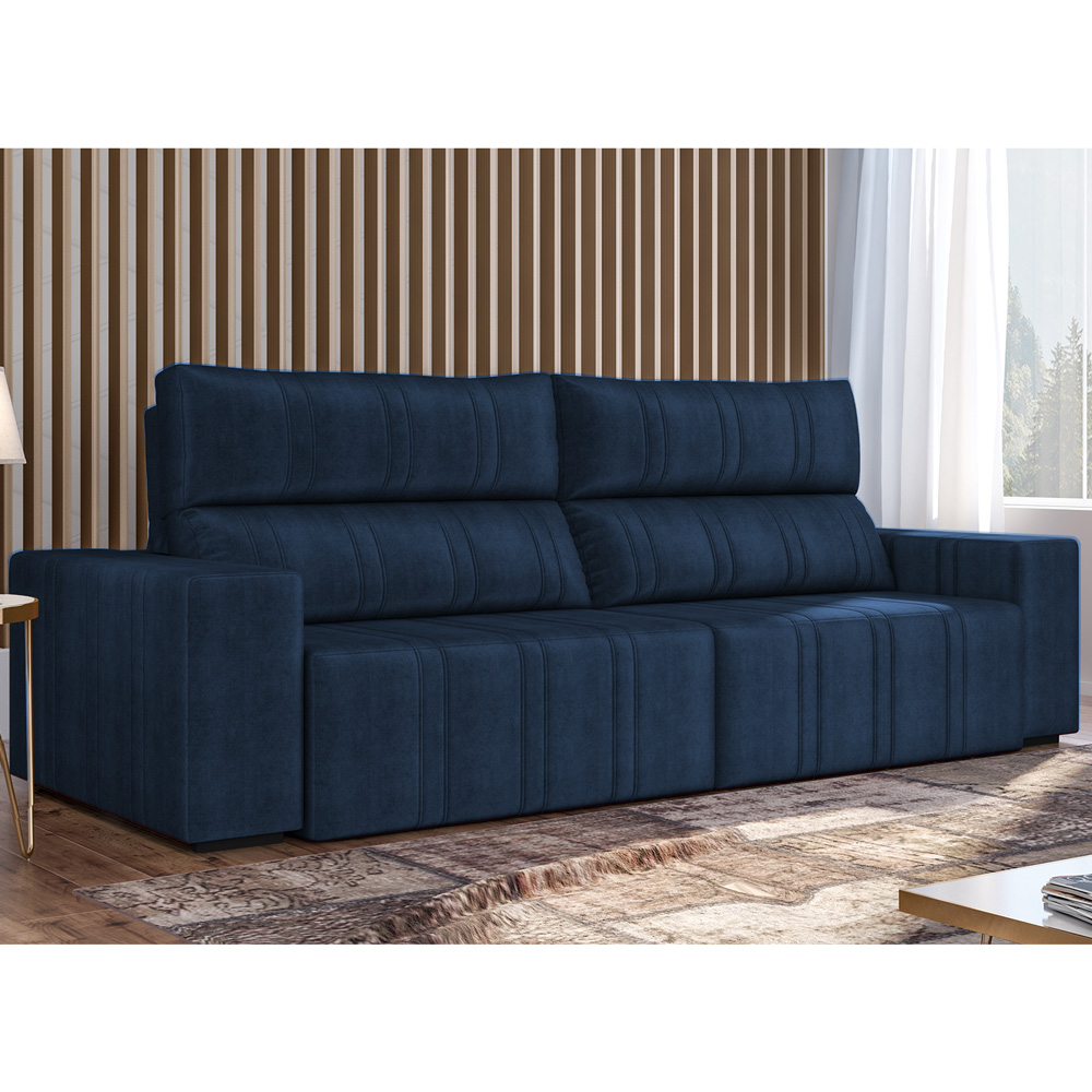 Sofá Retrátil 254 cm Sala de Estar Leonel Suede Azul Marinho G52 - Gran Belo