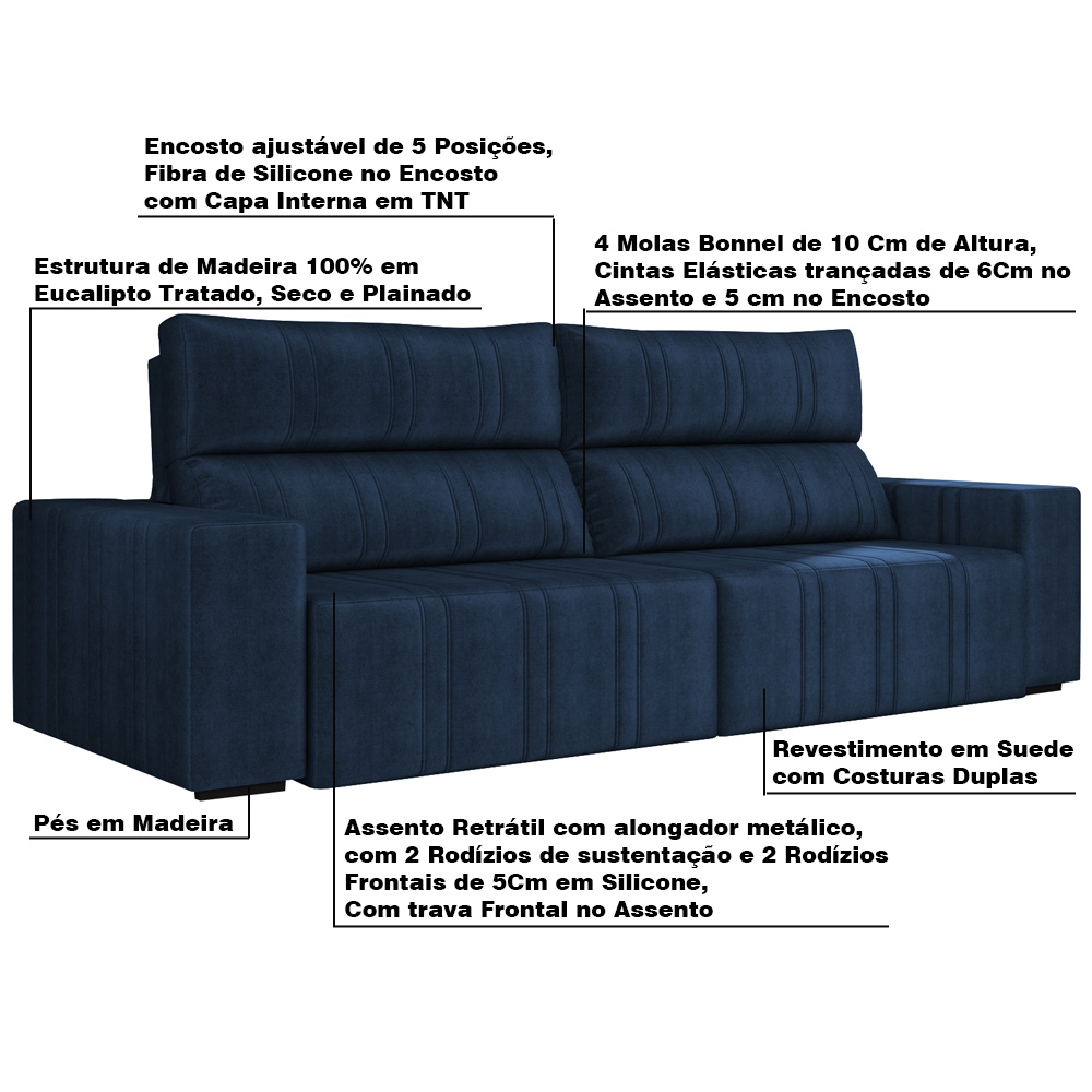 Sofá Retrátil 254 cm Sala de Estar Leonel Suede Azul Marinho G52 - Gran Belo