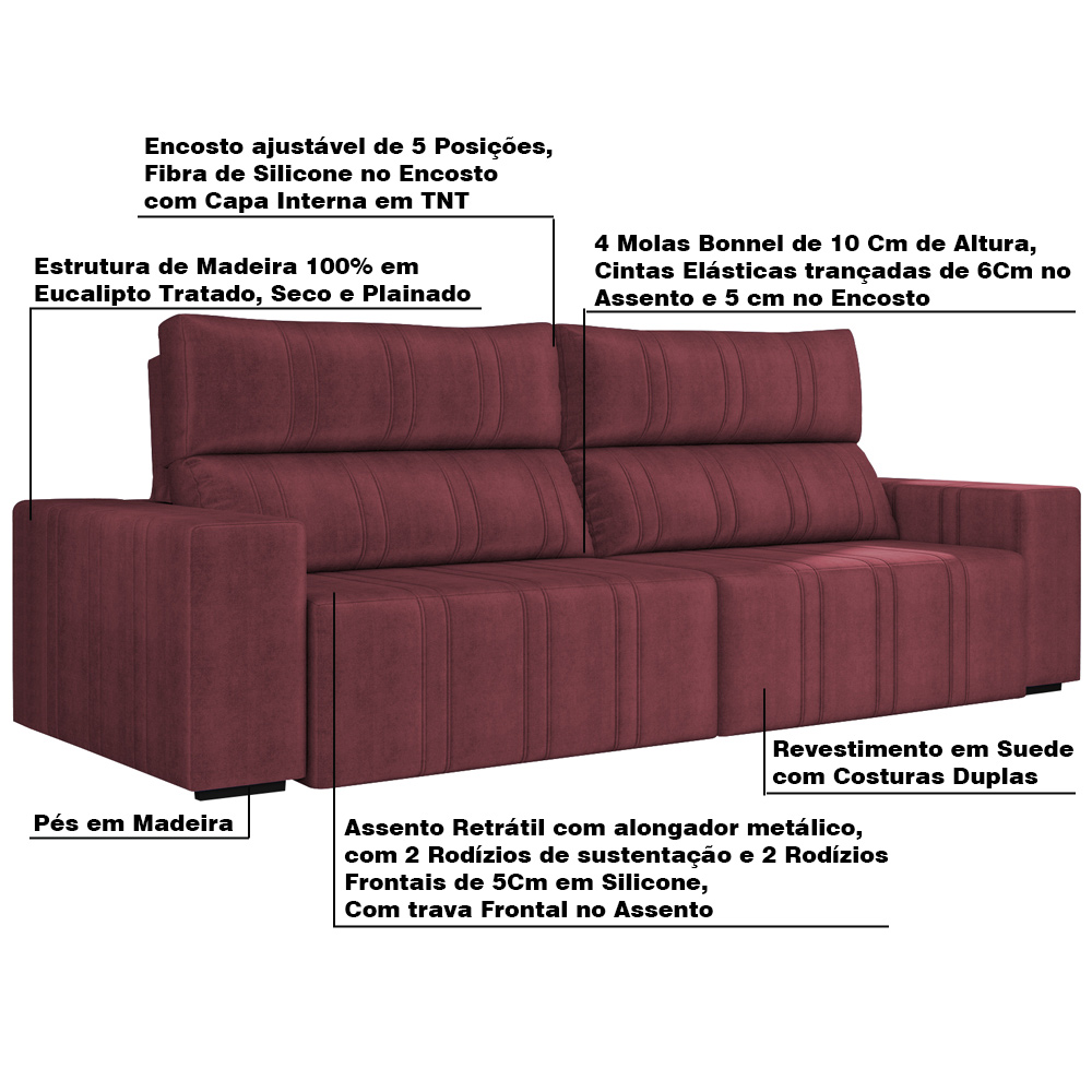 Sofá Retrátil 254 cm Sala de Estar Leonel Suede Bordô G52 - Gran Belo