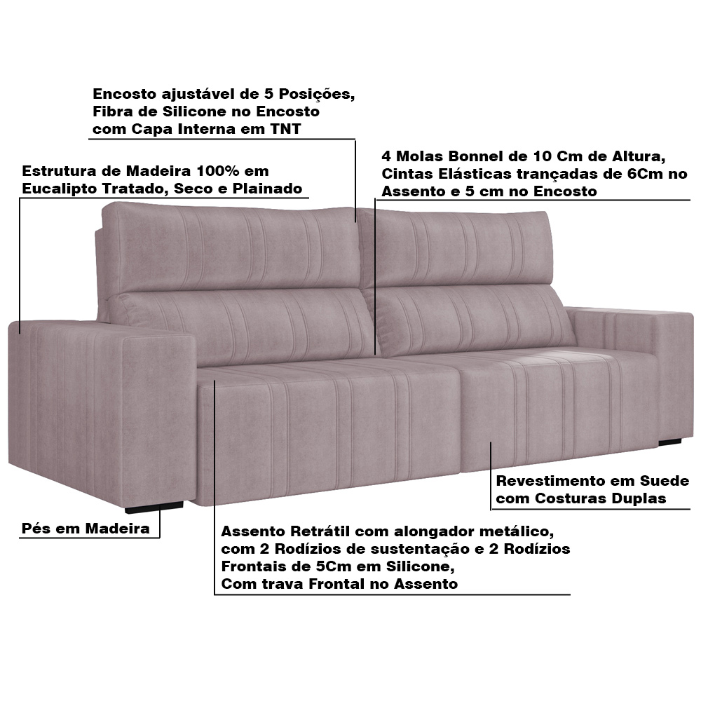 Sofá Retrátil 254 cm Sala de Estar Leonel Suede Rosê G52 - Gran Belo