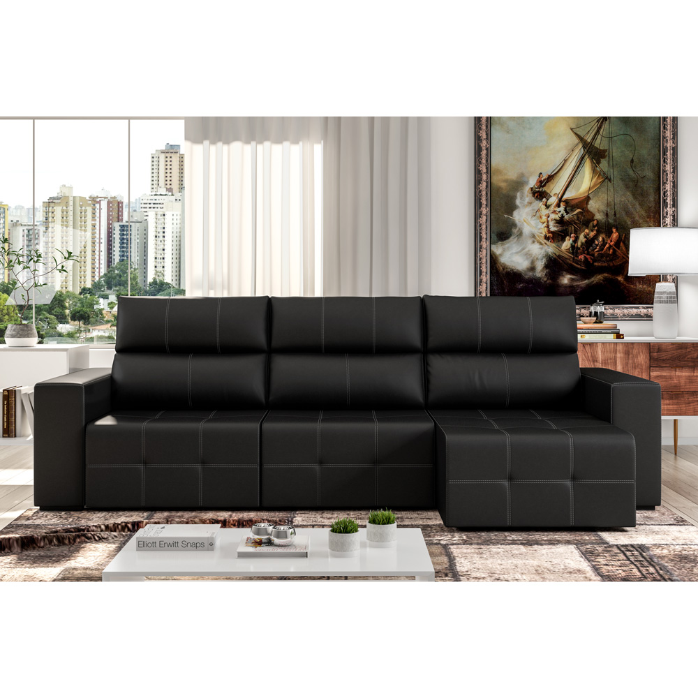 Sofá Retrátil 264cm Nero Couro Preto - Gran Belo