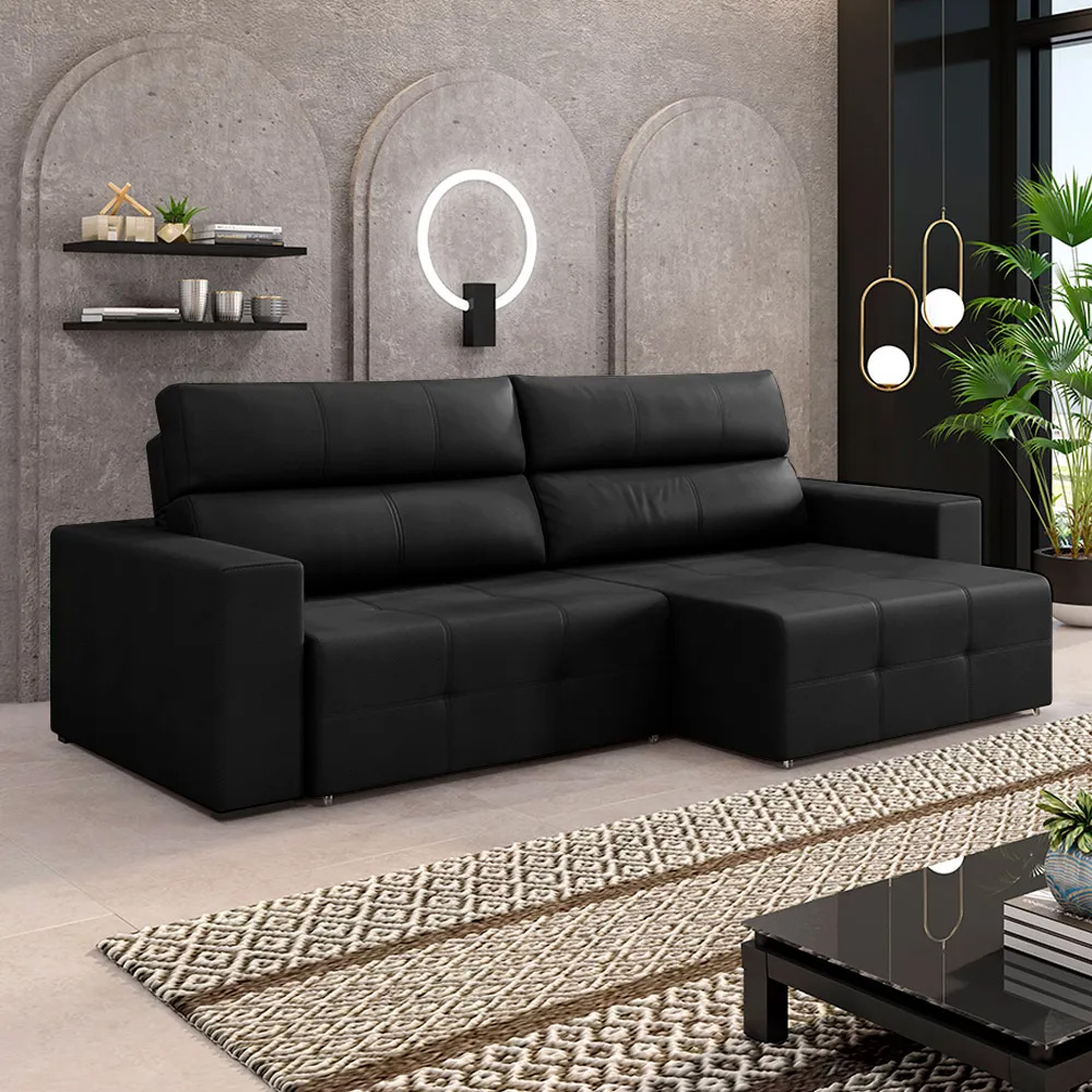 Sofá Retrátil 284cm Nero Couro Preto G52 - Gran Belo