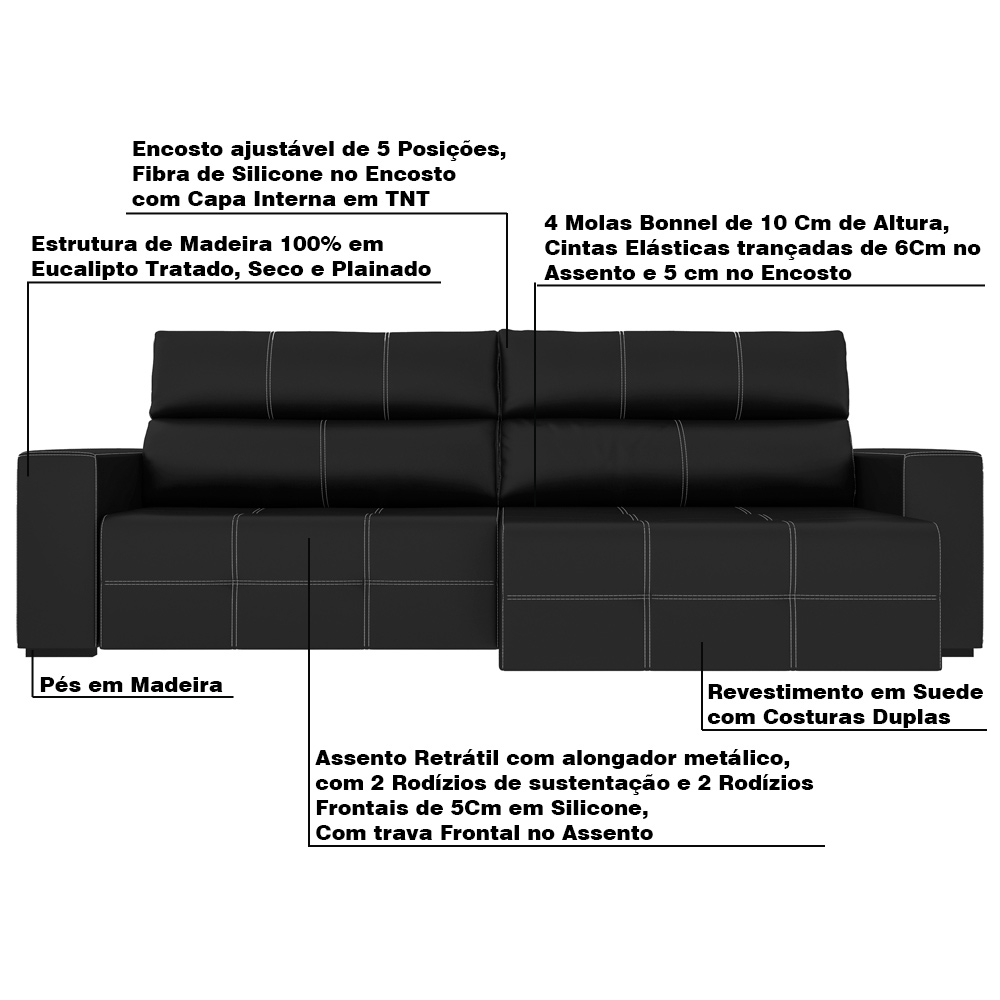 Sofá Retrátil 284cm Nero Couro Preto G52 - Gran Belo