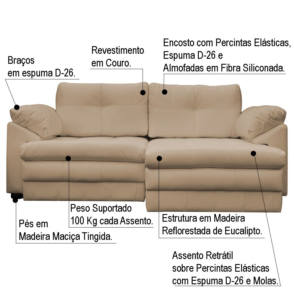 Sofá Retrátil 3 Lugares Bipartido Sala de Estar Piece 215cm Couro Bege G58 - Gran Belo