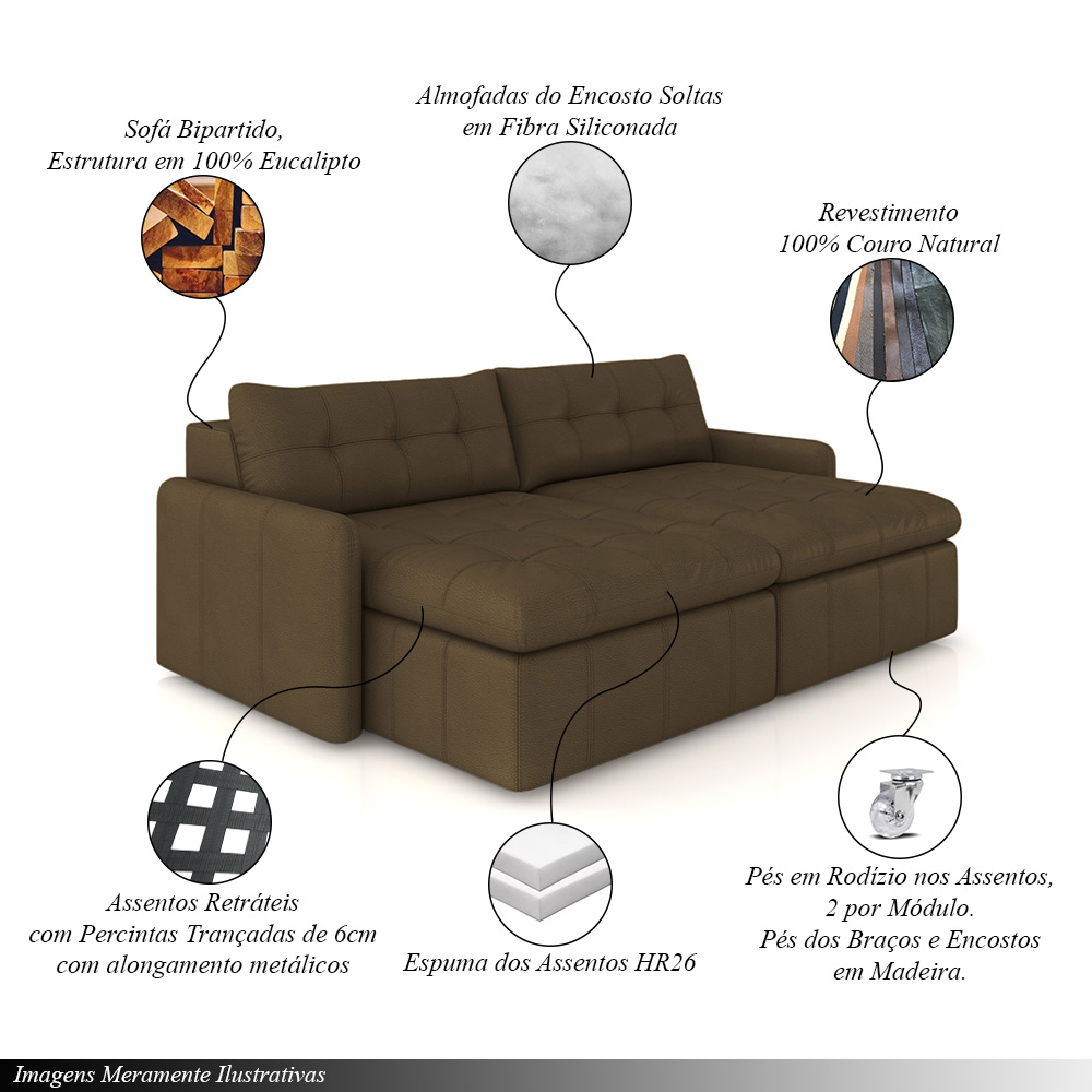Sofá Retrátil Bipartido Sala de Estar Belém 264cm Couro Capuccino G52 - Gran Belo