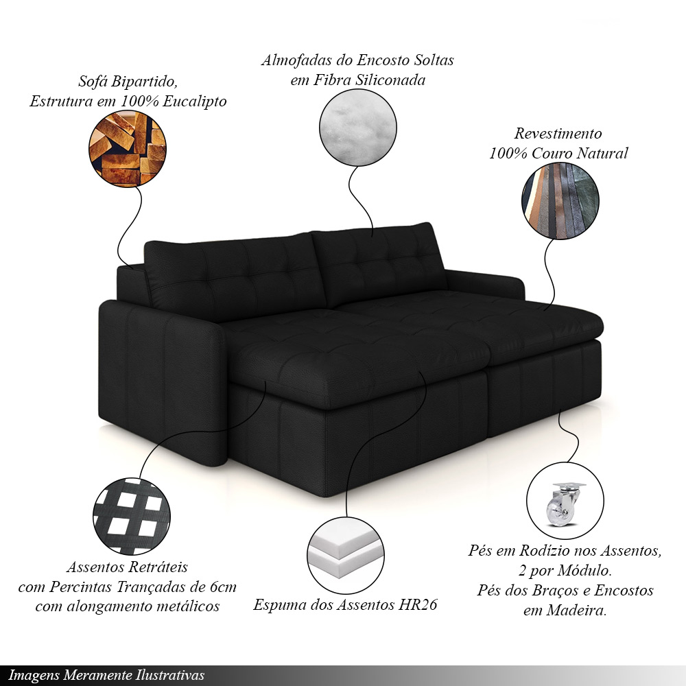 Sofá Retrátil Bipartido Sala de Estar Belém 264cm Couro Preto G52 - Gran Belo