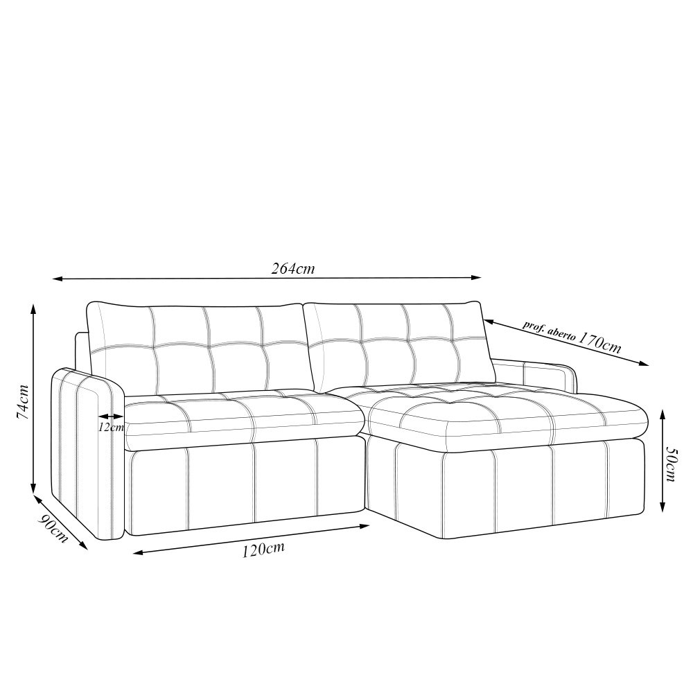 Sofá Retrátil Bipartido Sala de Estar Belém 264cm Couro Preto G52 - Gran Belo