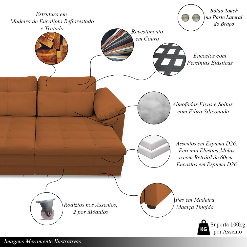 Sofá Retrátil Elétrico Sala de Estar Nolan Bipartido 297cm Conforto Premium em Couro Terracota G58 - Gran Belo