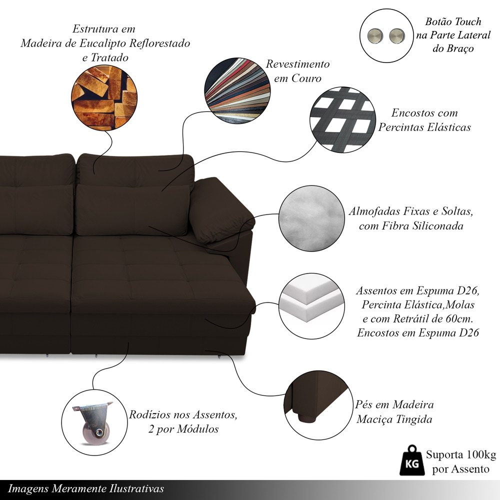 Sofá Retrátil Elétrico Sala de Estar Nolan Bipartido 332cm Conforto Premium em Couro Marrom G58 - Gran Belo