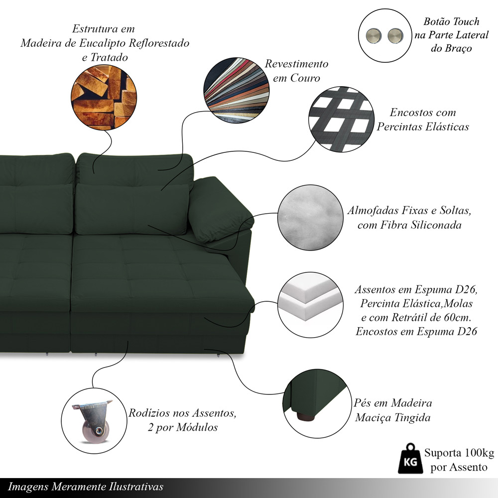 Sofá Retrátil Elétrico Sala de Estar Nolan Bipartido 332cm Conforto Premium em Couro Verde G58 - Gran Belo