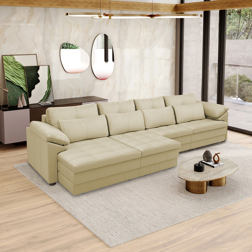 Sofá Retrátil Elétrico Sala de Estar Nolan Bipartido 339cm Conforto Premium em Couro Bege G58 - Gran Belo