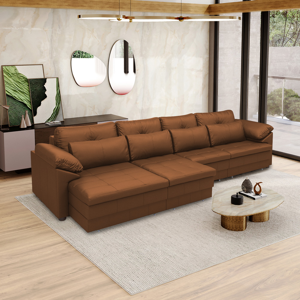 Sofá Retrátil Elétrico Sala de Estar Nolan Bipartido 379cm Conforto Premium em Couro Caramelo G58 - Gran Belo