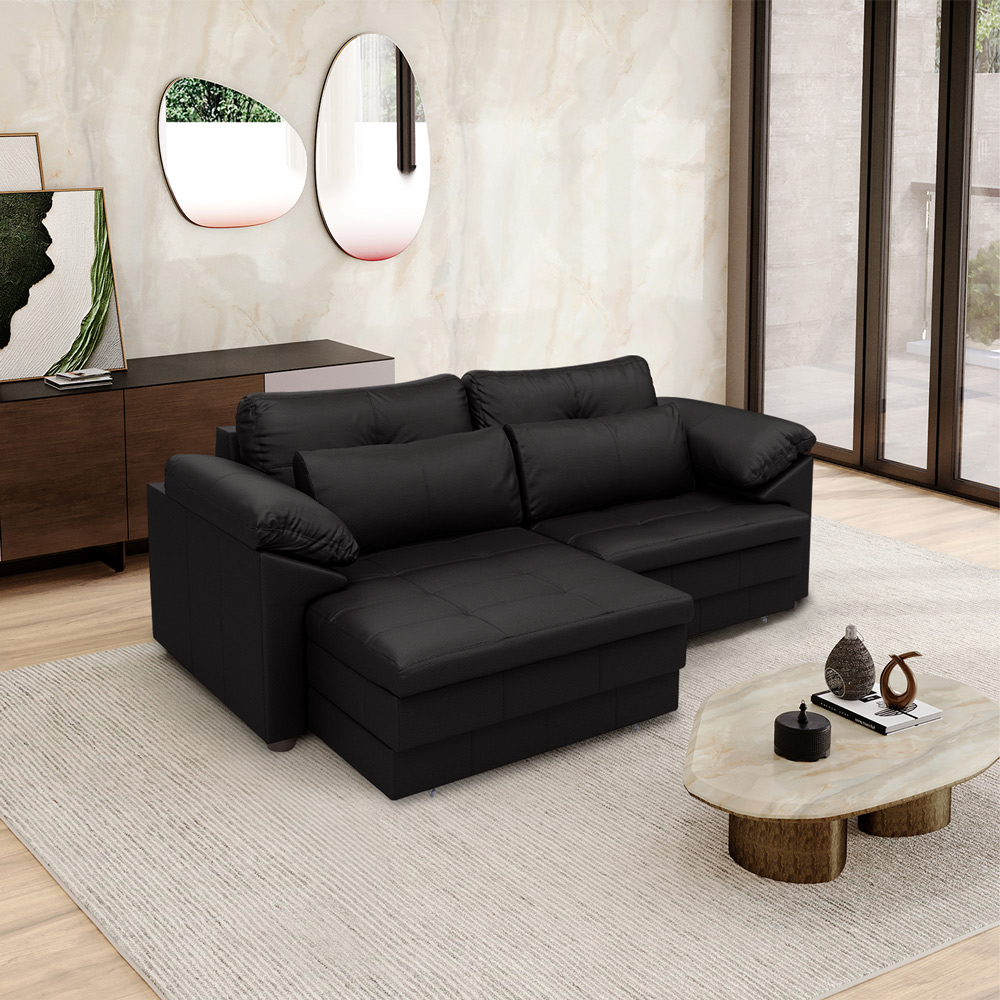 Sofá Retrátil Manual Sala de Estar Nolan Bipartido 215cm Conforto Premium em Couro Preto Brilho G58 - Gran Belo